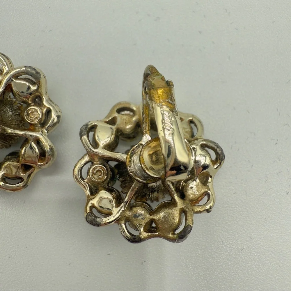 Vintage 1950s Coro Signed AB Floral Crystal Rhinestone Clip On Earrings